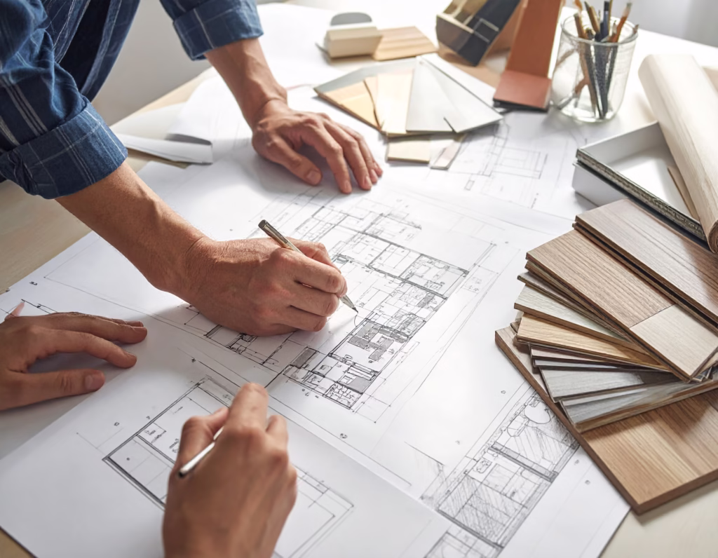 Close up of designers hands drawing architectural sketches reviewing